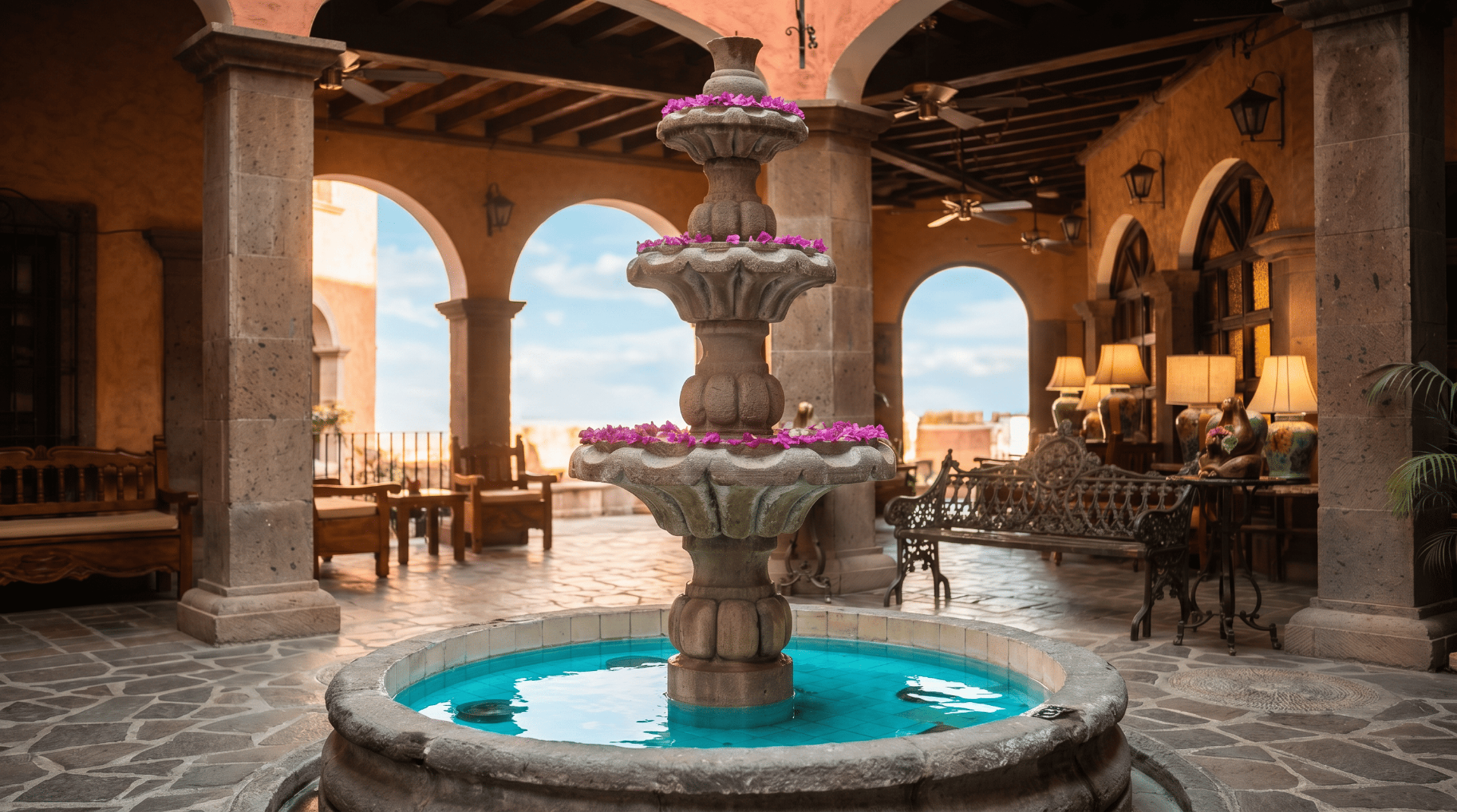 Patio interior con fuente y arcos en Loreto