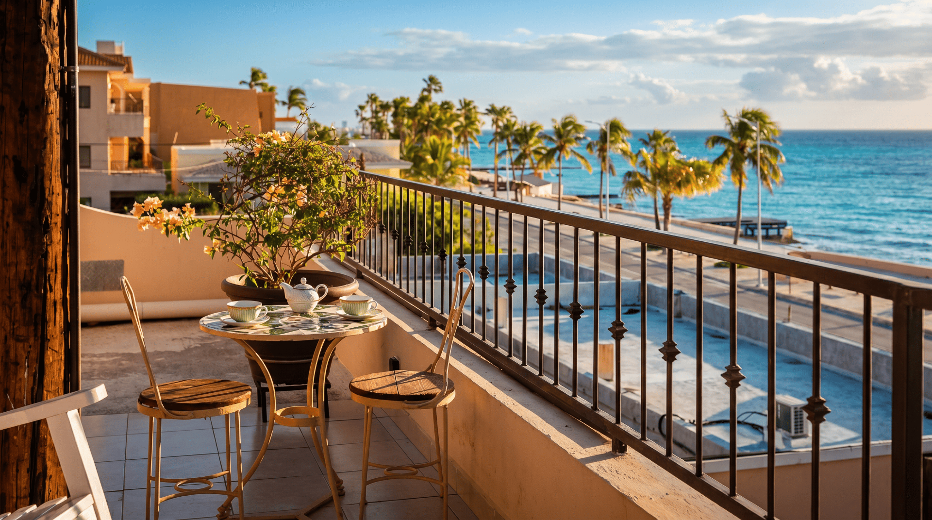 Terraza con vista al mar al atardecer en La Paz