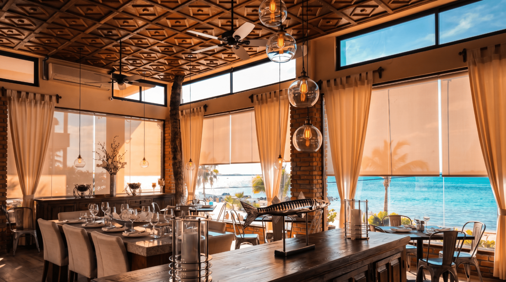 Interior del restaurante con vista al mar