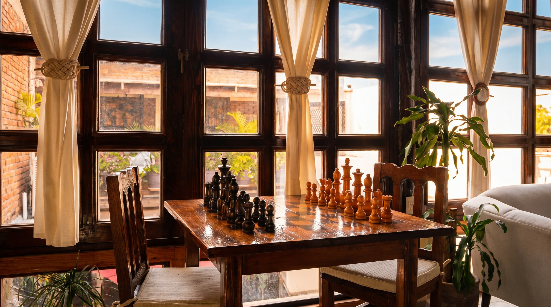 Sala con mesa de ajedrez y vistas
