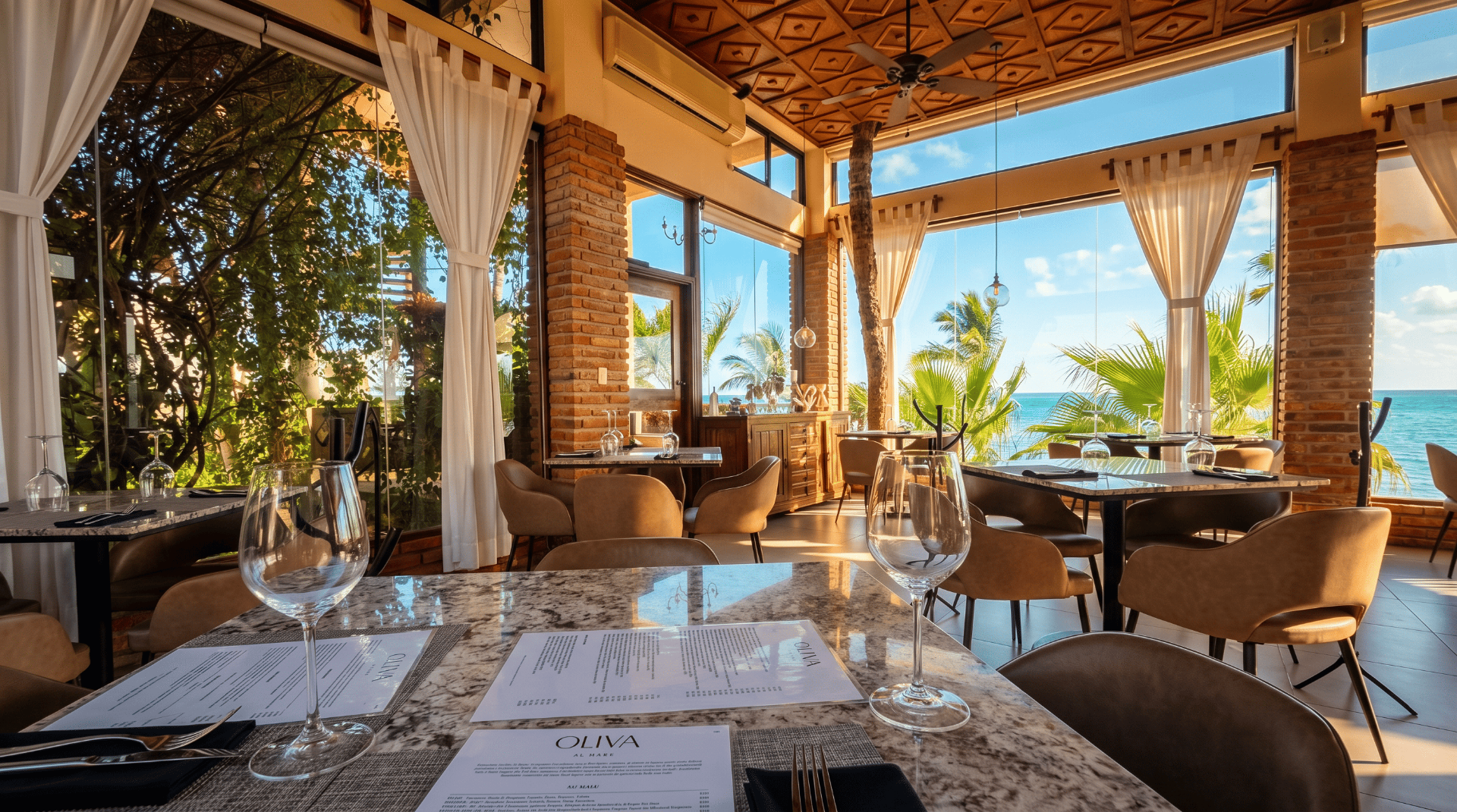 Mesa del restaurante Oliva al Mare frente al Mar de Cortés